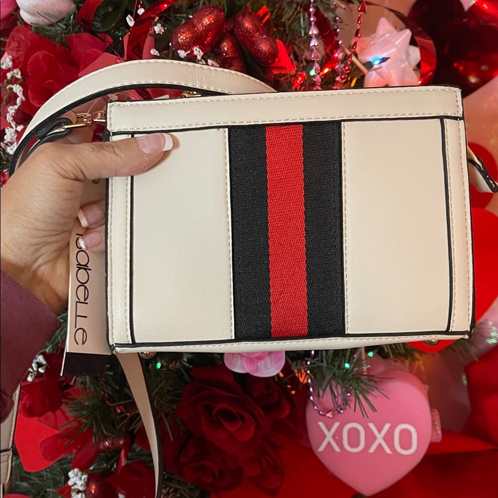 Women's Cream Crossbody Bag with Red & Black Stripe